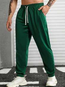 Manfinity Men Plus Drawstring Waist Slant Pocket Sweatpants - Dark Green - View 1