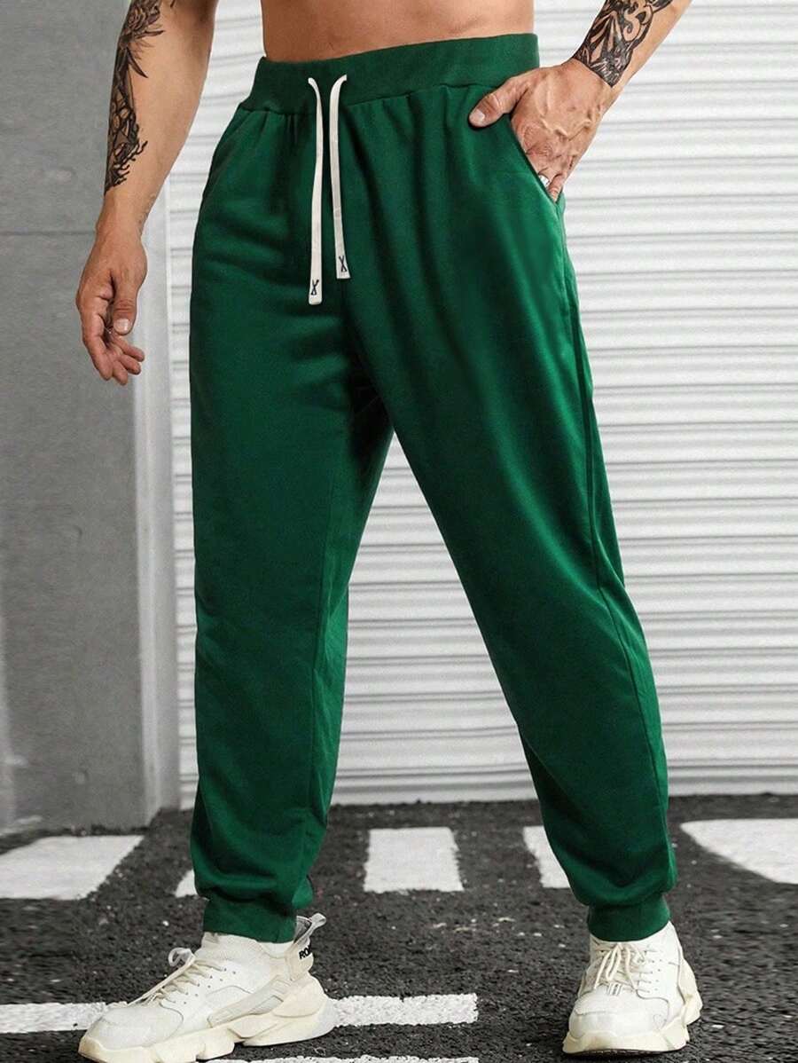 Manfinity Men Plus Drawstring Waist Slant Pocket Sweatpants - Dark Green - View 1