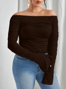 SHEIN Privé 大碼一字肩開衩袖褶邊網紗T恤 - 巧克力棕 - 查看 1