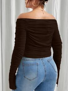 SHEIN Privé 大碼一字肩開衩袖褶邊網紗T恤 - 巧克力棕 - 查看 2