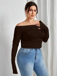 SHEIN Privé 大碼一字肩開衩袖褶邊網紗T恤 - 巧克力棕 - 查看 3