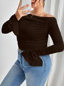 SHEIN Privé 大碼一字肩開衩袖褶邊網紗T恤 - 巧克力棕 - 查看 4