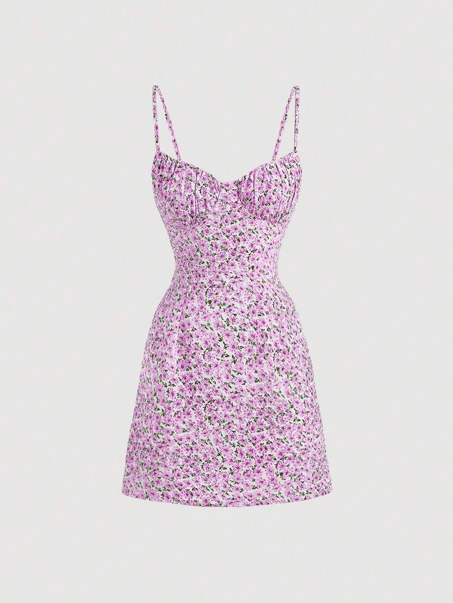 SHEIN MOD 碎花前繫帶高衩吊帶連衣裙 - 彩色 - 查看 1