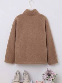 SHEIN Tween Girl Leopard Pattern Dual Pocket Zipper Teddy Coat Without Sweater - Apricot - View 2