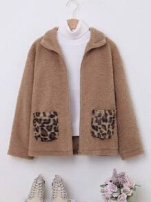 SHEIN Tween Girl Leopard Pattern Dual Pocket Zipper Teddy Coat Without Sweater - Apricot - View 3