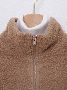 SHEIN Tween Girl Leopard Pattern Dual Pocket Zipper Teddy Coat Without Sweater - Apricot - View 5