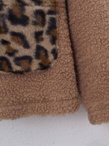 SHEIN Tween Girl Leopard Pattern Dual Pocket Zipper Teddy Coat Without Sweater - Apricot - View 6