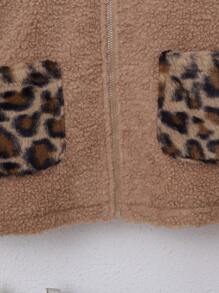 SHEIN Tween Girl Leopard Pattern Dual Pocket Zipper Teddy Coat Without Sweater - Apricot - View 7