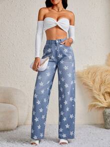 SHEIN Tall Star Print Slant Pocket Jeans - Light Wash - View 3
