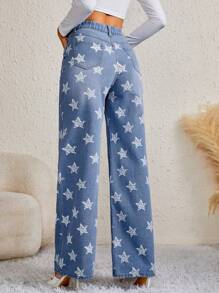 SHEIN Tall Star Print Slant Pocket Jeans - Light Wash - View 2
