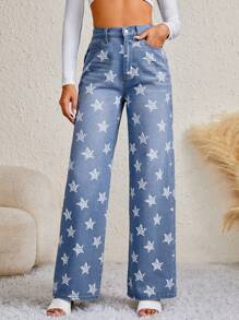 SHEIN Tall Star Print Slant Pocket Jeans - Light Wash - View 1