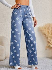 SHEIN Tall Star Print Slant Pocket Jeans - Light Wash - View 5