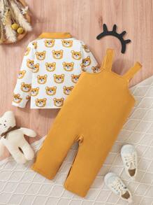 Baby Girl Bear Print Polo Shirt & Overall Jumpsuit - Multicolor - View 2