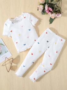 SHEIN Leap Crew Young Girl Heart Print Lettuce Trim PJ Set - White - View 1