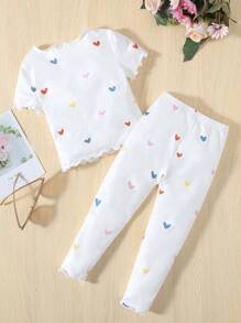 SHEIN Leap Crew Young Girl Heart Print Lettuce Trim PJ Set - White - View 2