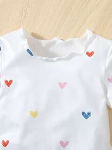 SHEIN Leap Crew Young Girl Heart Print Lettuce Trim PJ Set - White - View 3