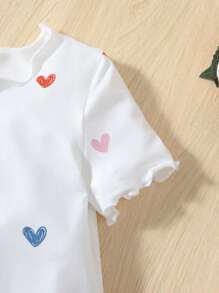 SHEIN Leap Crew Young Girl Heart Print Lettuce Trim PJ Set - White - View 4