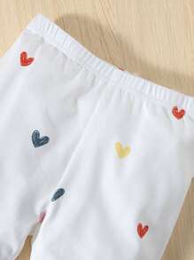 SHEIN Leap Crew Young Girl Heart Print Lettuce Trim PJ Set - White - View 5