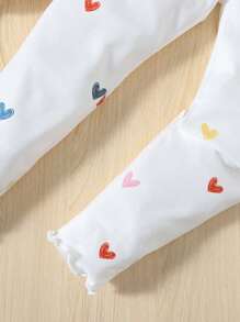 SHEIN Leap Crew Young Girl Heart Print Lettuce Trim PJ Set - White - View 6