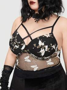 ROMWE Goth Plus Butterfly Embroidery Mesh Cami Top Without Gloves - Black - View 2