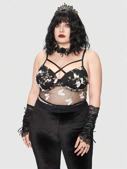 Goth Plus Top À Fines Brides À Broderie Papillon En Tulle Sans Gants