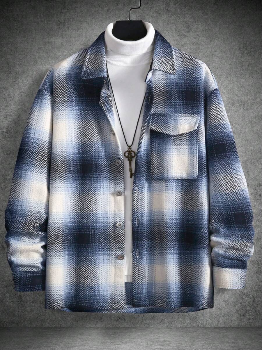 Manfinity Hypemode Men Plaid Print Flap Pocket Overcoat Without Sweater - Blue and White - View 1