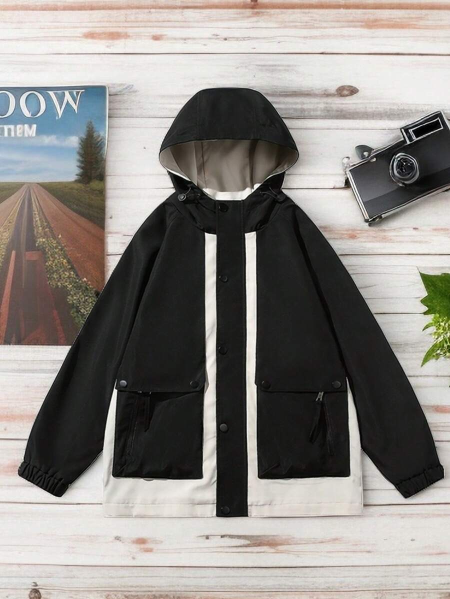 Manfinity EZcore Chaqueta Con Capucha Holgada Para Hombre Con Bloques De Color, Cremallera Y Cordón