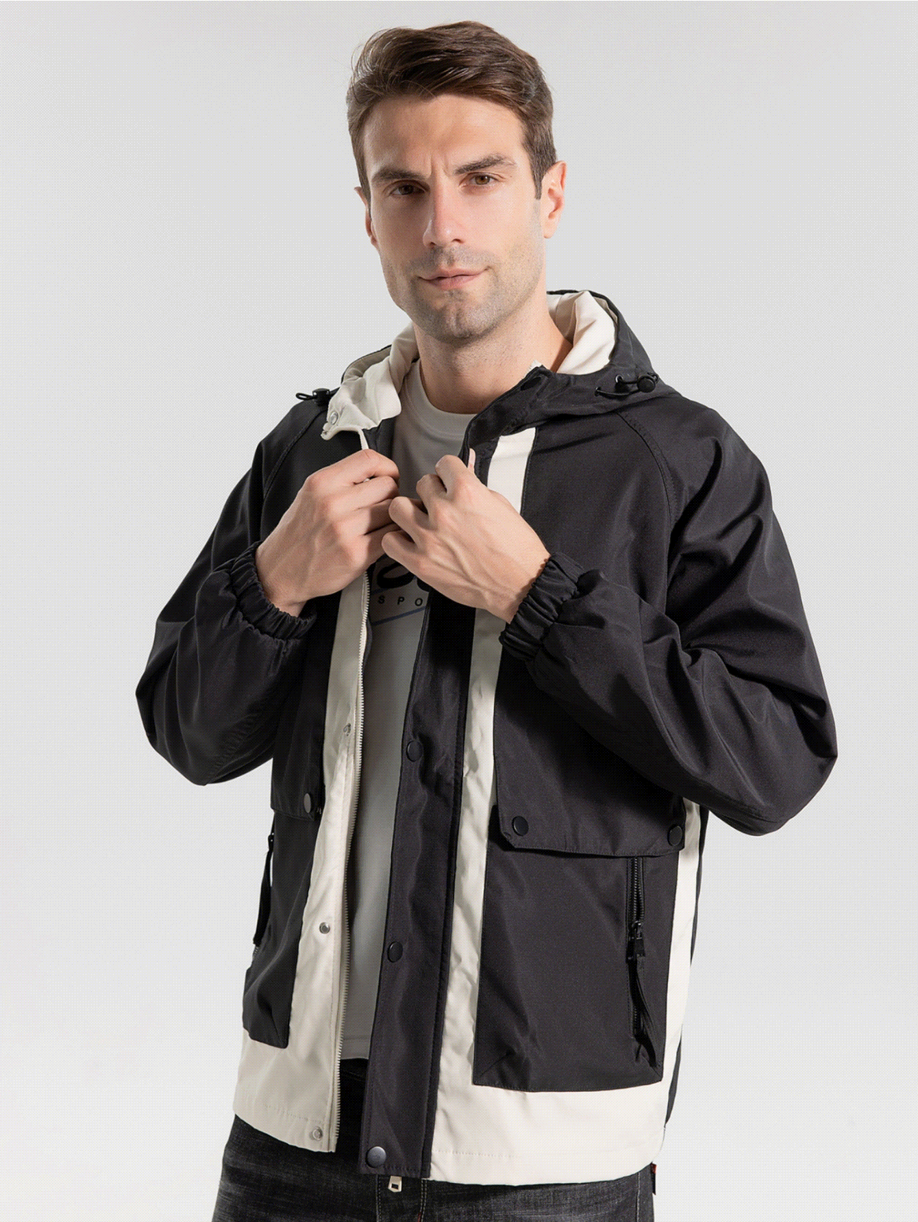 Manfinity EZcore 男款寬鬆版彩塊連帽夾克,帶拉鍊和束繩 - 黑色 - 查看 2