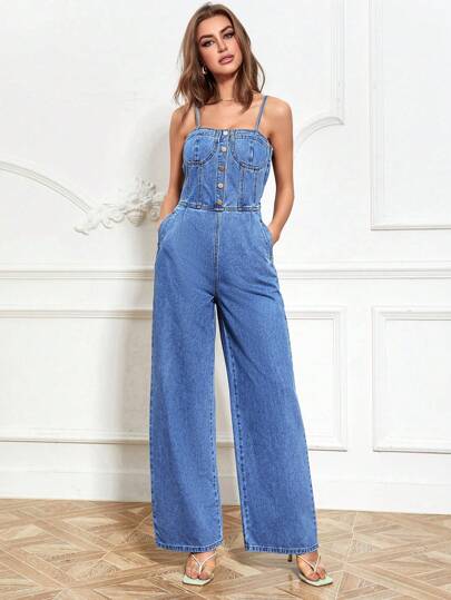 SHEIN Privé Button Front Cami Denim Jumpsuit