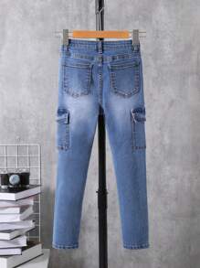 SHEIN Tween Boy Flap Pocket Side Cargo Jeans - Medium Wash - View 2