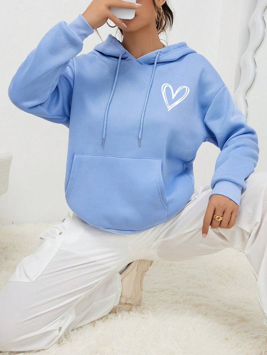 INAWLY Heart Print Kangaroo Pocket Drop Shoulder Drawstring Hoodie,Long Sleeve Tops - Baby Blue - View 1