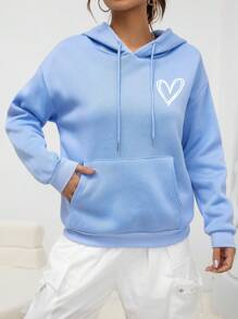 INAWLY Heart Print Kangaroo Pocket Drop Shoulder Drawstring Hoodie,Long Sleeve Tops - Baby Blue - View 3