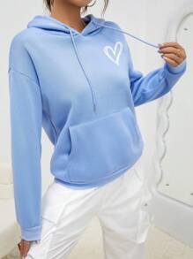 INAWLY Heart Print Kangaroo Pocket Drop Shoulder Drawstring Hoodie,Long Sleeve Tops - Baby Blue - View 6