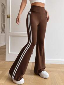 SHEIN EZwear Pantalones acampanados de rayas lado - Marrón Chocolate - Ver 4