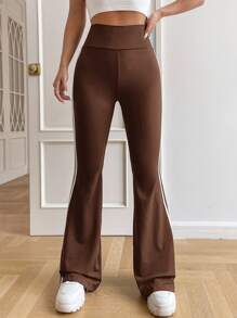 SHEIN EZwear Pantalones acampanados de rayas lado - Marrón Chocolate - Ver 5