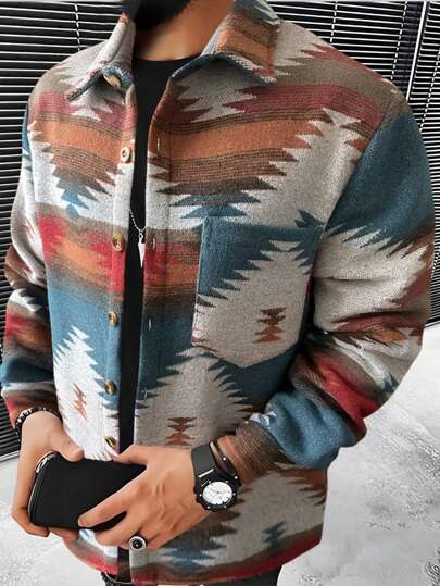 Manfinity Homme Chaqueta de hombre con bolsillo y estampado geométrico colorido para vacaciones, para el esposo, otoño