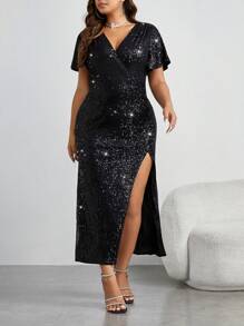 Allurite Plus Split Thigh Sequin Dress - Black - View 8