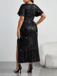 Allurite Plus Split Thigh Sequin Dress - Black - View 2