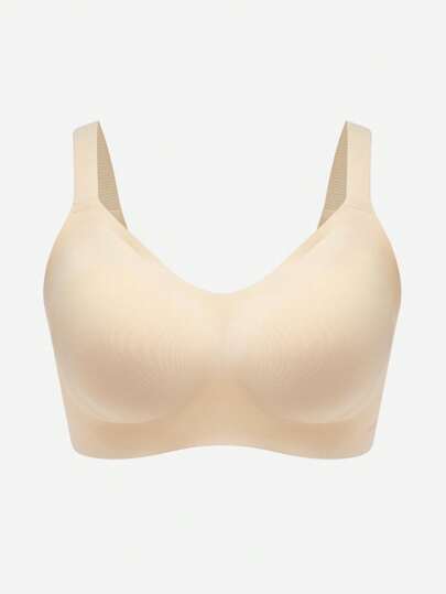 LUVLETTE حمالة صدر لا تظهر تحت الملابس بتغطية كاملة وحواف خالية من الحياكة، بتصميم لا سلكي وبدعم جانبي، لون بيج، حمالة صدر رياضية للتمارين والنشاطات اليومية، مقاس حر