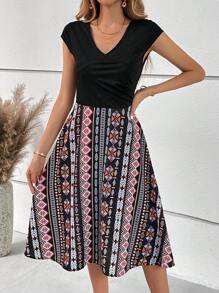 SHEIN Clasi Geo Print Cap Sleeve Dress - Multicolor - View 1