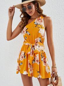 SHEIN VCAY Floral Print One Shoulder Belted Romper - Yellow - View 1