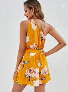 SHEIN VCAY Floral Print One Shoulder Belted Romper - Yellow - View 2