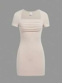 SHEIN Teen Girl Square Neck Ruched Bust Dress - Beige - View 1