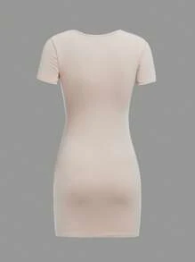 SHEIN Teen Girl Square Neck Ruched Bust Dress - Beige - View 2