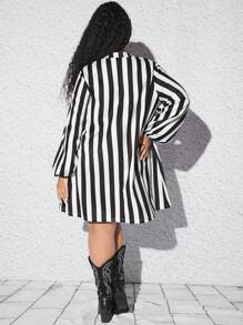 SHEIN CURVE+ Plus Striped Print Lantern Sleeve Dress - Black and White - View 3