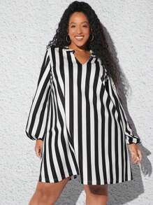 SHEIN CURVE+ Plus Striped Print Lantern Sleeve Dress - Black and White - View 2