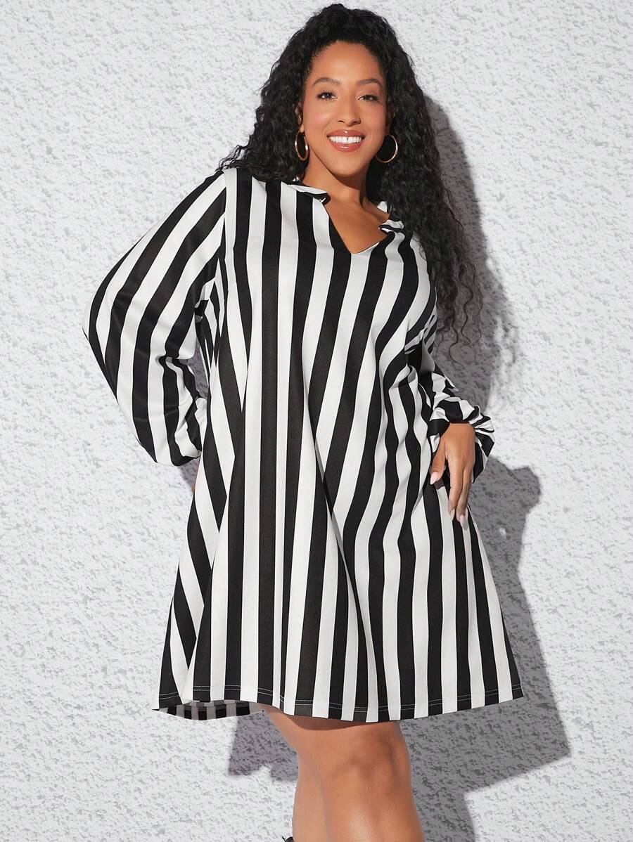 SHEIN CURVE+ Plus Striped Print Lantern Sleeve Dress - Black and White - View 1