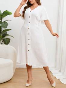 SHEIN Essnce Hơn tay áo lá sen Nút phía trước Đầm - trắng - Xem 3