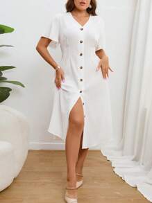 SHEIN Essnce Hơn tay áo lá sen Nút phía trước Đầm - trắng - Xem 6