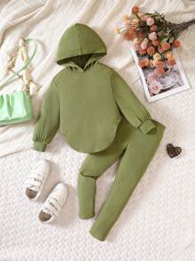 SHEIN Young Girl Solid Hooded Sweatshirt & Leggings - Olive Green - View 1